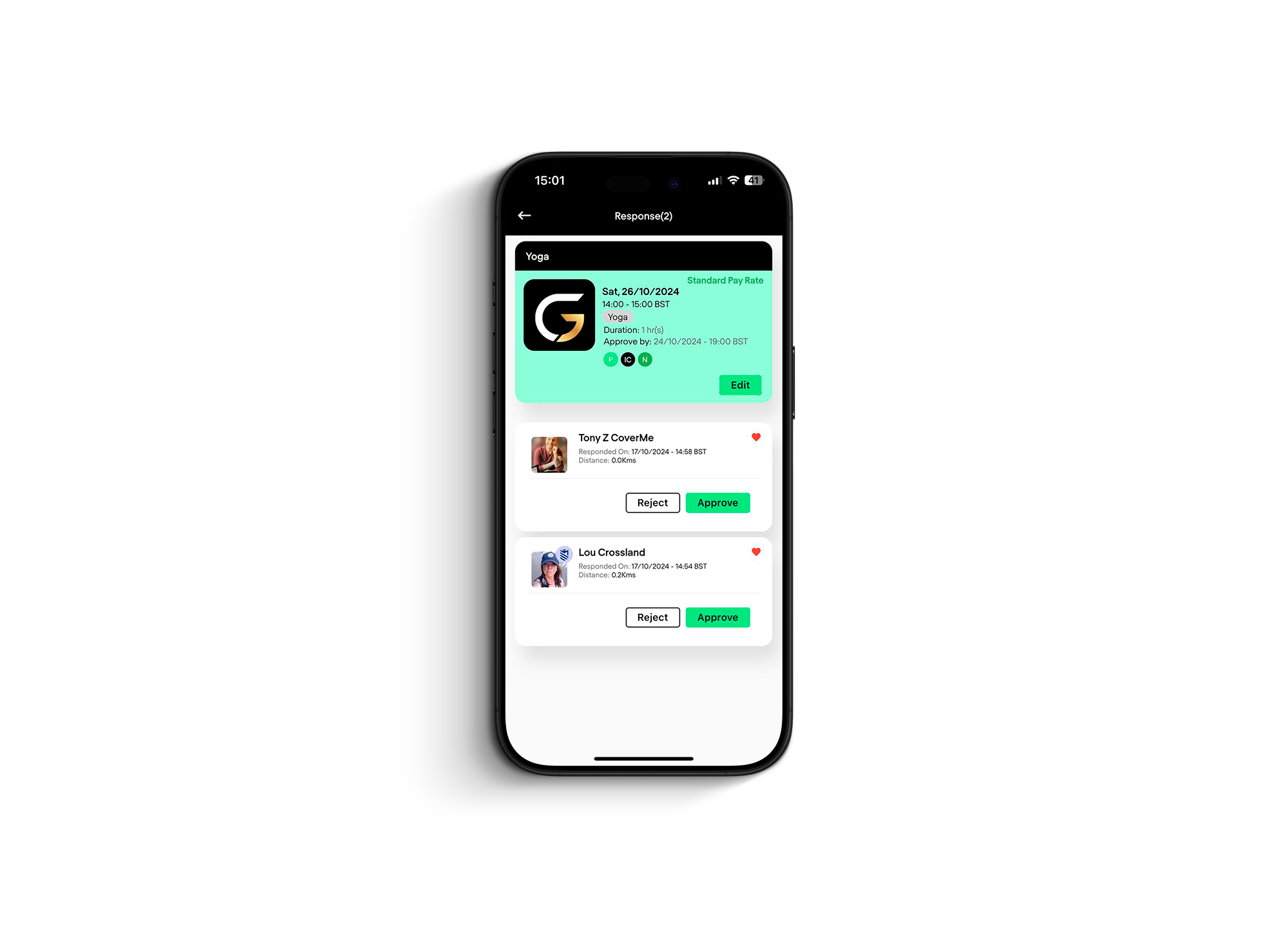 CoverMe app screens showing instructor matches with availability and qualifications